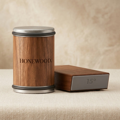 Honewood rolling knife sharpener set - walnut roller and magnetic angle base on linen