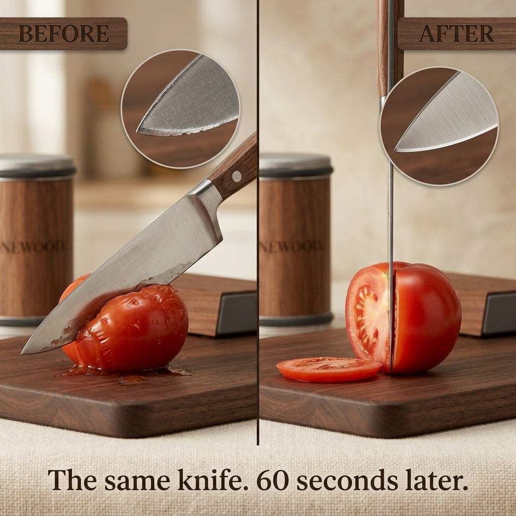 Before and after - the same knife 60 seconds later with the Honewood roller