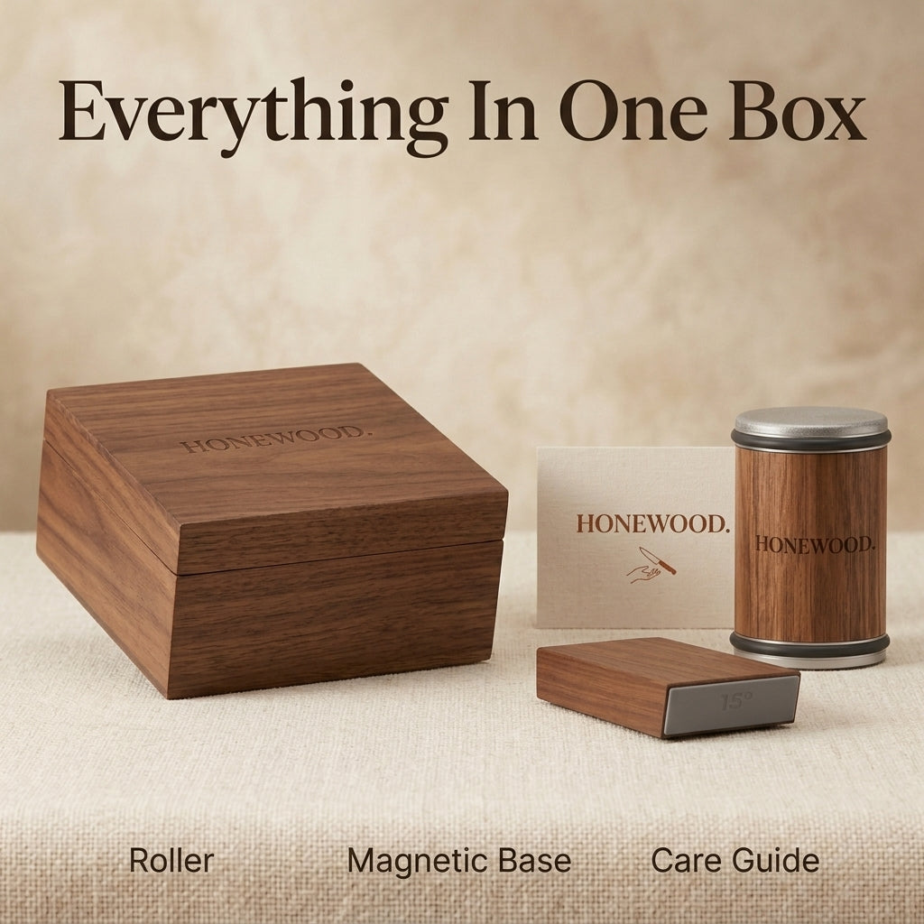 Everything in one box - Honewood roller, magnetic base and care guide